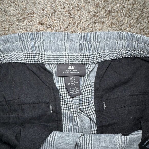 H&M Plaid Pants Regular Fit Elastic Waist Straight Leg Office Medium Black Grey - Picture 3 of 7